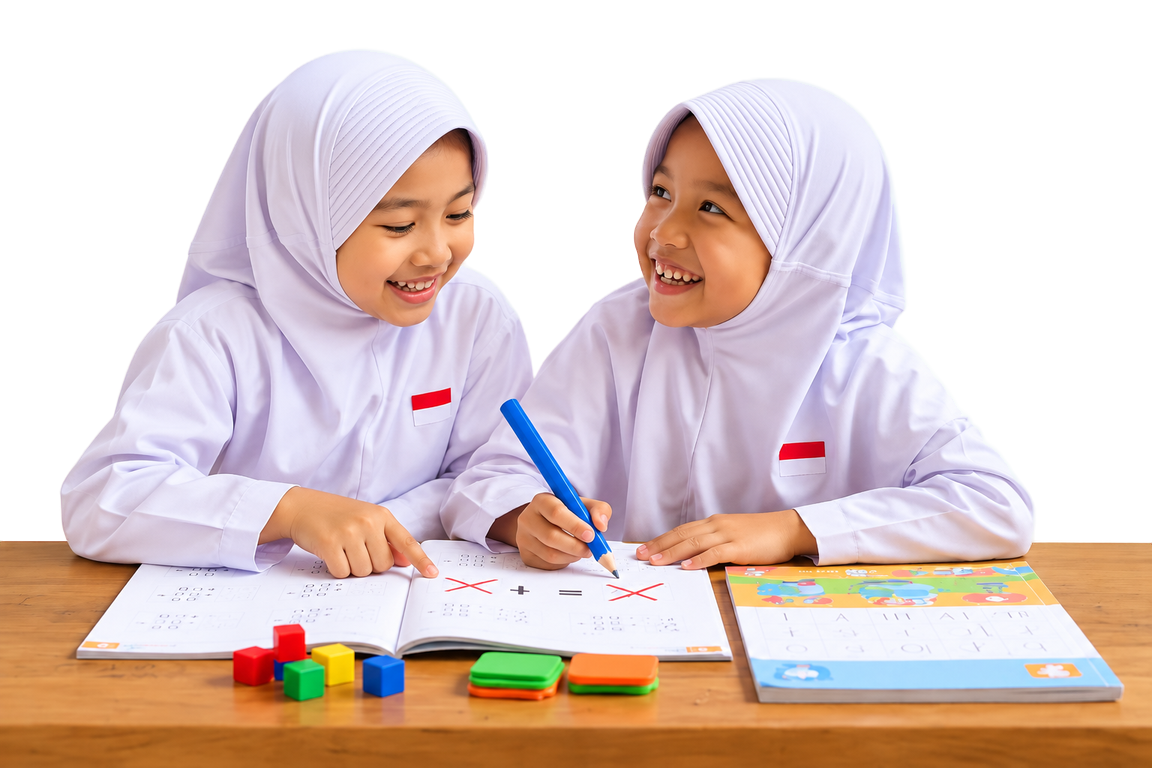 Dua siswi SD tersenyum mengerjakan soal matematika