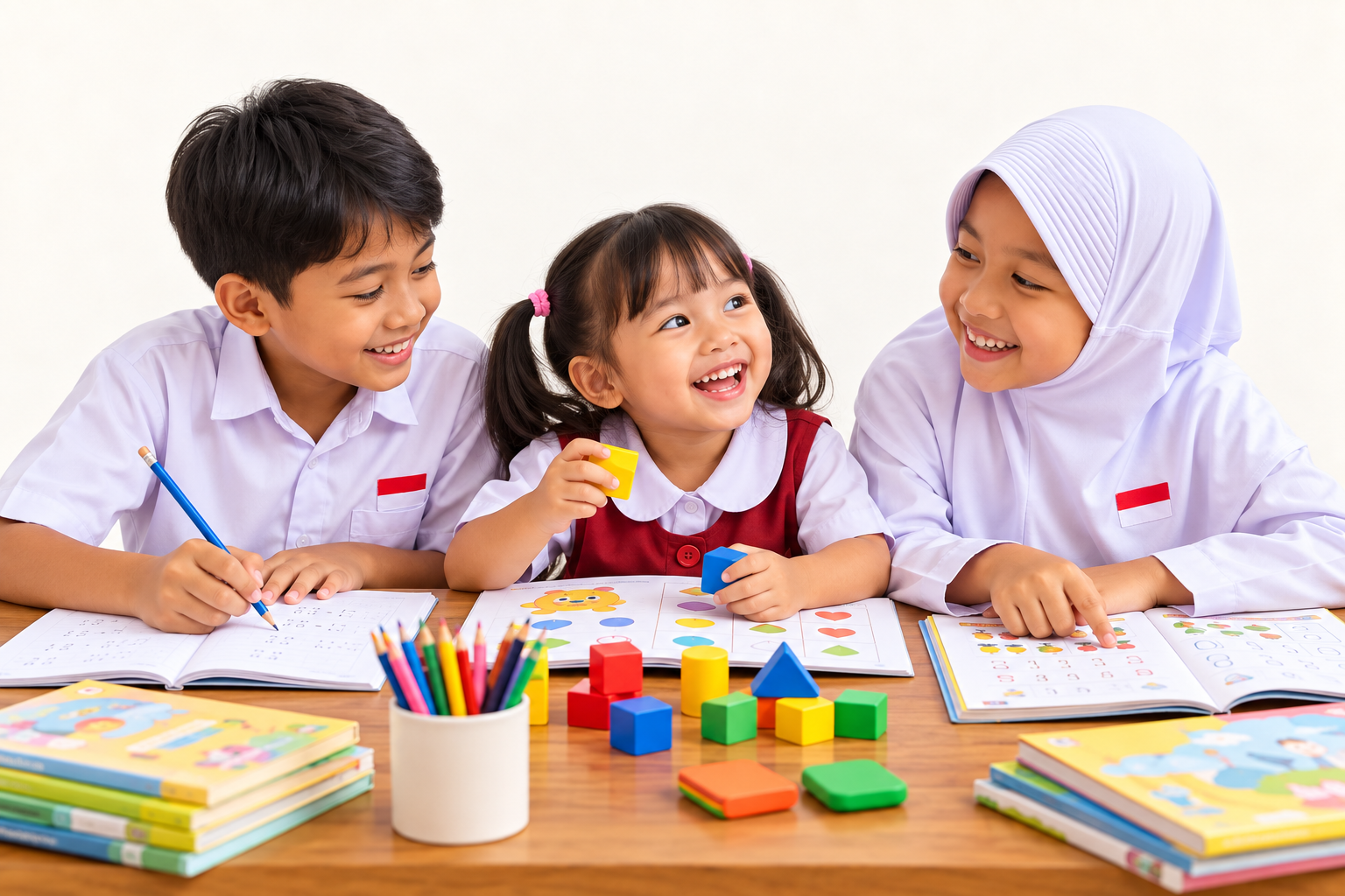 Anak TK dan SD belajar bersama dengan balok dan buku